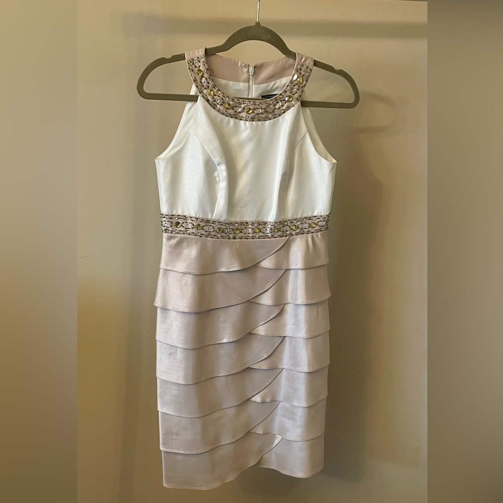 Elegant White and Beige Sleeveless Dress